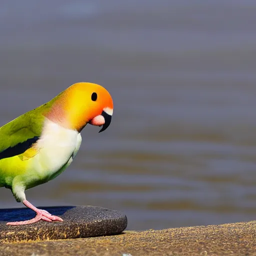 Image similar to lovebird sitting at shore, reflective, sunny day, landscape photography, nature