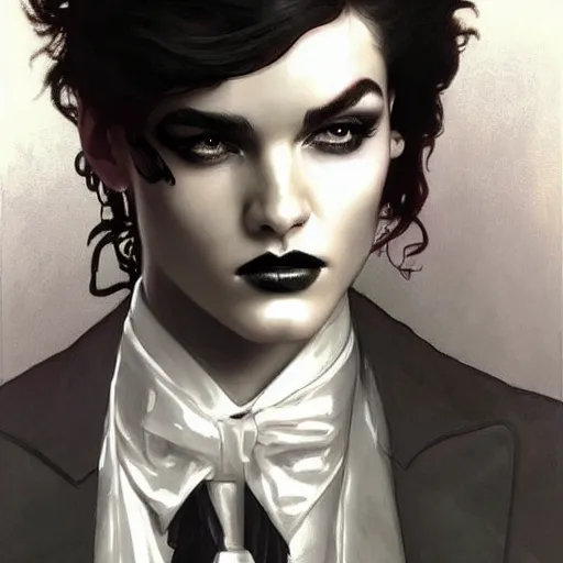 Image similar to beautiful portrait of androgynous ruby rose as desire from sandman in a white tuxedo!!!, rockabilly style, by alphonse mucha, cedric peyravernay, by jeremy mann, by frank moth, white suit and black tie, soft lightning, high detailed, 8 k