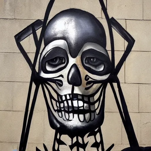 Image similar to The body art features a human figure driving a chariot. The figure is skeletal and frail, with a large head and eyes. The chariot is pulled by two animals, which are also skeletal and frail. street art by Austin Briggs, by Chris Uminga mood