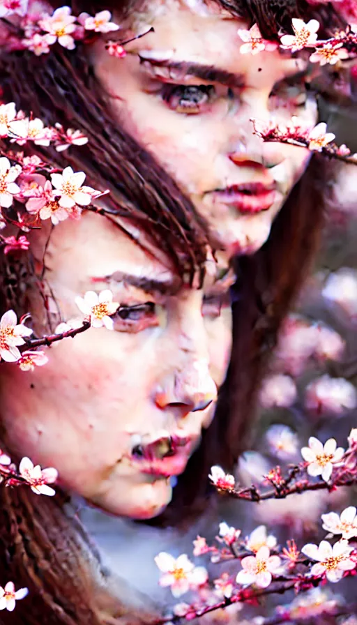 Image similar to photo of a gorgeous young european female in the style of stefan kostic, realistic, half body shot, sharp focus, 8 k high definition, insanely detailed, intricate, elegant, art by stanley lau and artgerm, extreme blur cherry blossoms background