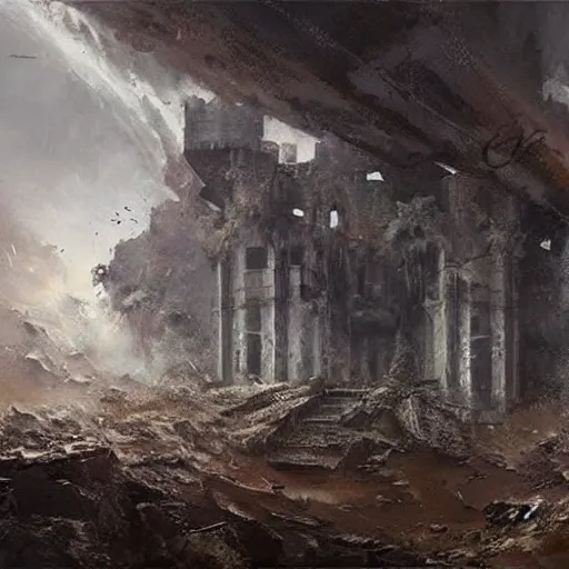 Image similar to Ruins of a castle flying inside a hurricane, oil painting, by Greg Rutkowski