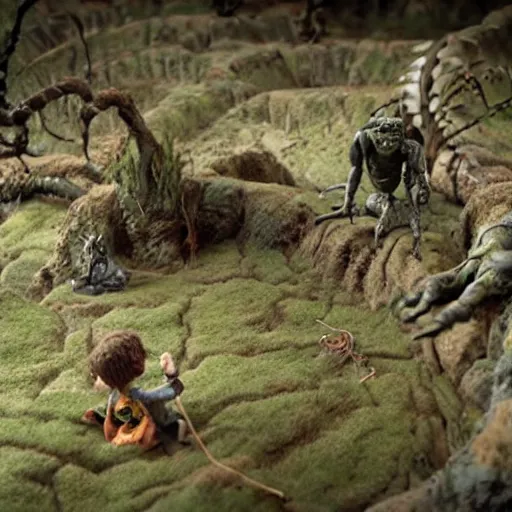 Image similar to claymation of samwise fights shelob, gritty, tilt shift, award winning, highly textured, very detailed!, eerie