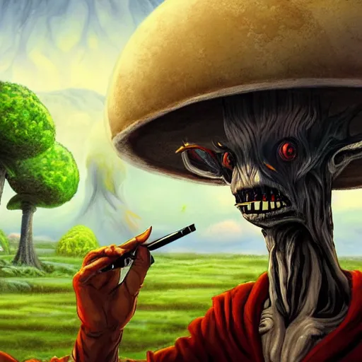 Prompt: a centered chest up portrait of a psychedelic demonic anthropomorphic wendigo smoking a hand - rolled cigarette smoking heavily, magic mushroom village in background. award winning. superb resolution. in the art style of junji ito and greg rutkowski. detailed mushroom city in background. hyper realistic anime. perfect art. dalle 2