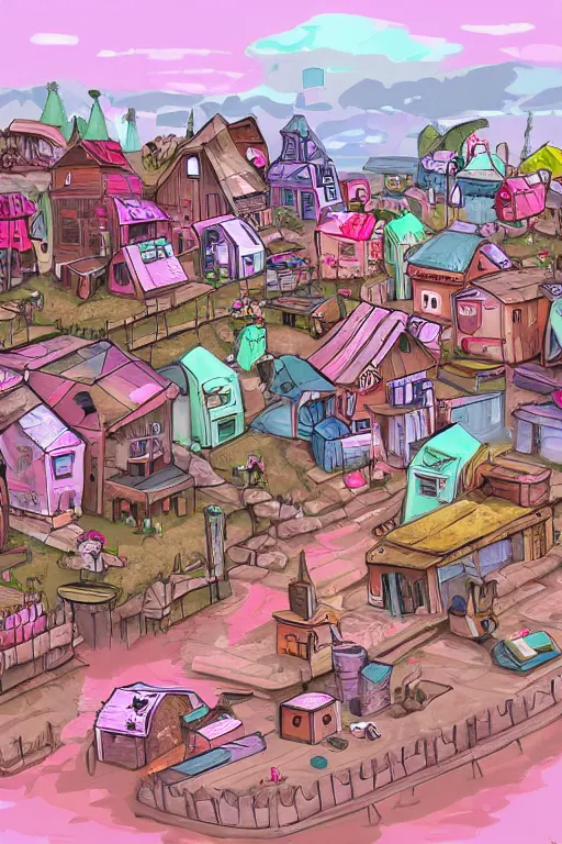 Prompt: digital matter painting village in dollpunk style