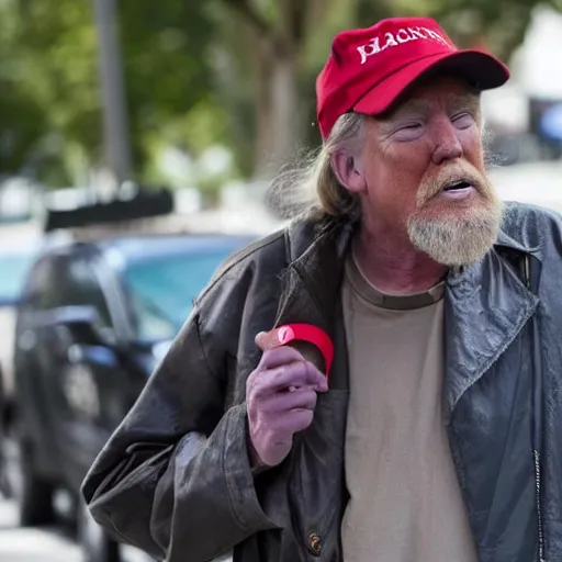 Image similar to donald trump dressed as a homeless man asking for money on the streets