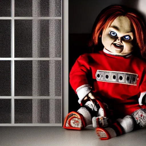 Image similar to Chucky the killer doll sitting in a dark closet with a little light shining in 8k hdr scary lighting