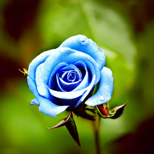 Image similar to A 4k photo of a blue rose, morning dew on the rose, high contrast