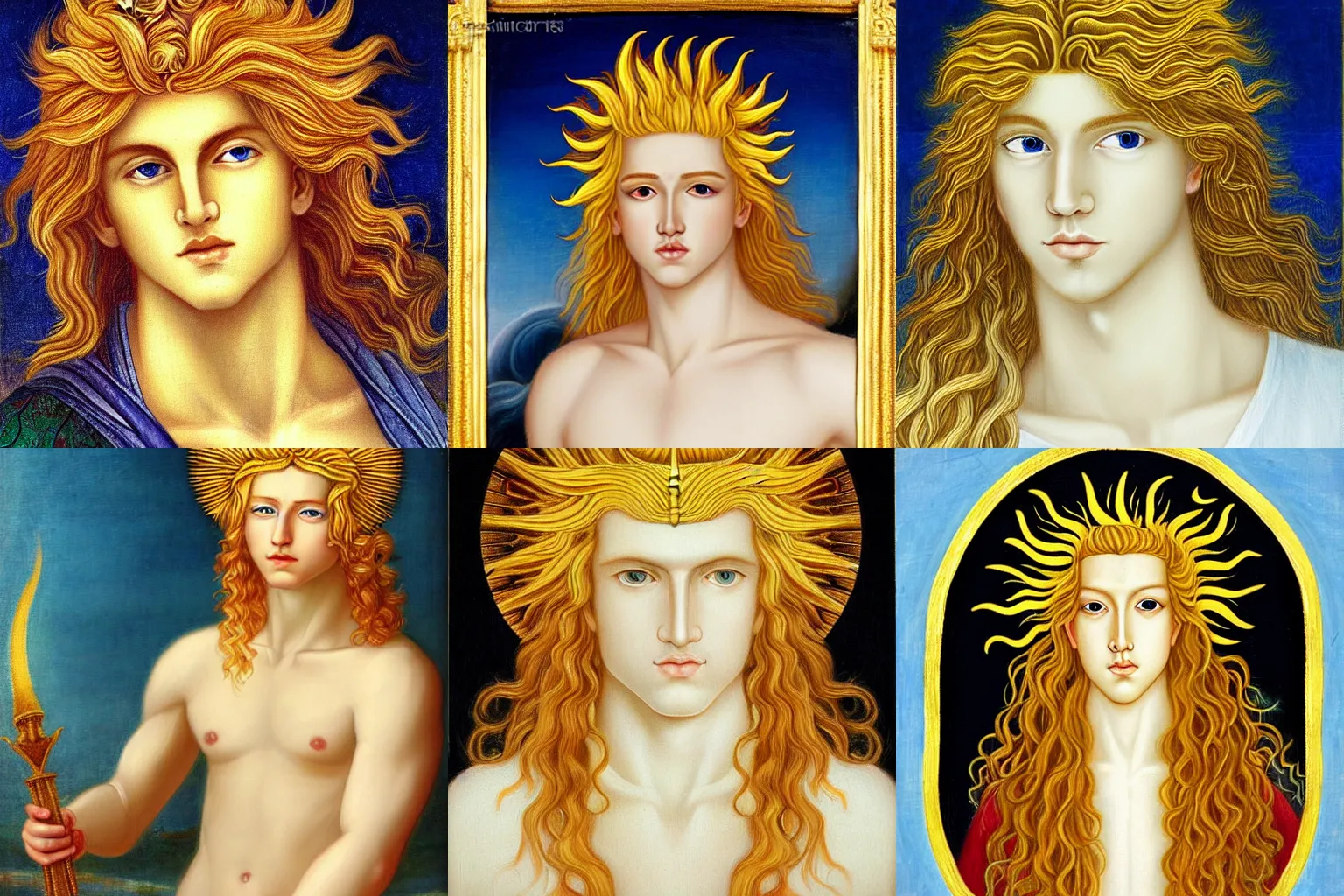 Prompt: the beautiful androgynous young blond male sun god apollo, very very long fluffy curly blond hair, pale white skin, 1 5 0 4, by sakimichan oil painting
