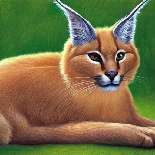 Image similar to fullbody portrait of cute fluffy caracal, wearing laurel wreath on his head, illustration, high detail, francine van hove