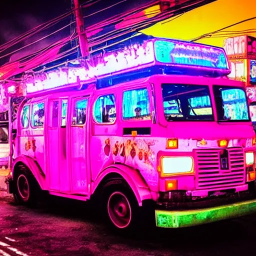 Image similar to a pink cyberpunk philippine jeepney at a neon lit busy road