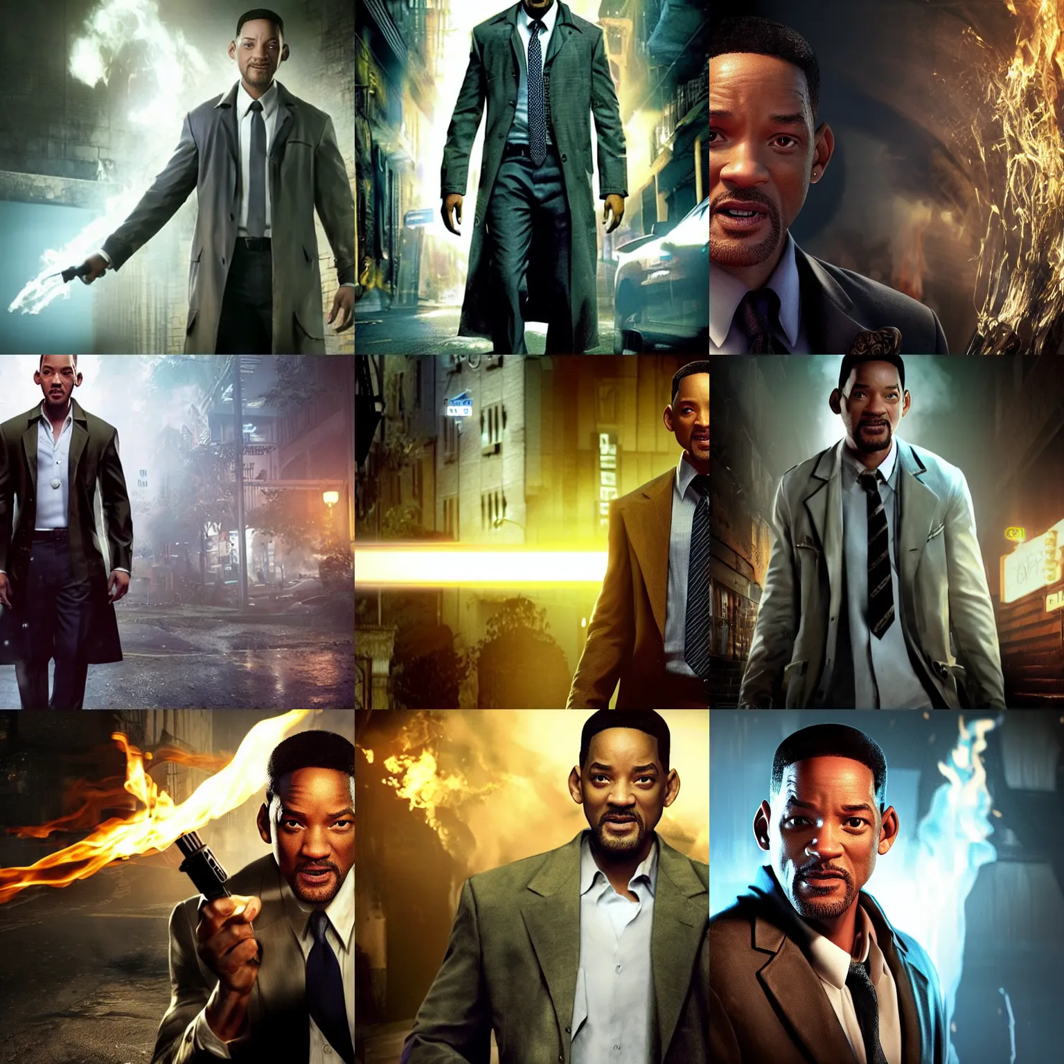 Prompt: A still of Will Smith as John Constantine, award winning photo, unreal engine, highly detailed features