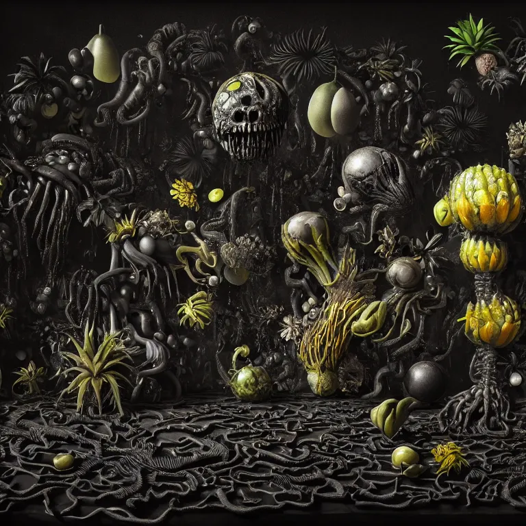 Prompt: still life of surreal alien black tropical flowers, rotten moldy black mold, dripping black paint, surreal alien ribbed black tropical fruit, black human spine, black background baroque painting, beautiful detailed intricate insanely detailed octane render, 8K artistic photography, photorealistic, chiaroscuro, Raphael, Caravaggio