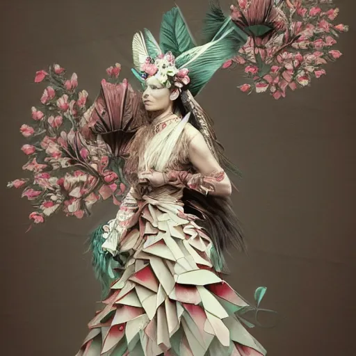 Image similar to 3 / 4 view of a beautiful girl wearing an origami dress, eye - level medium shot, fine floral ornaments in cloth and hair, hummingbirds, elegant, by eiko ishioka, givenchy, ambrosius boeschaert, by peter mohrbacher, centered, fresh colors, origami, fashion, detailed illustration, vogue, native american woman, reallusion character creator