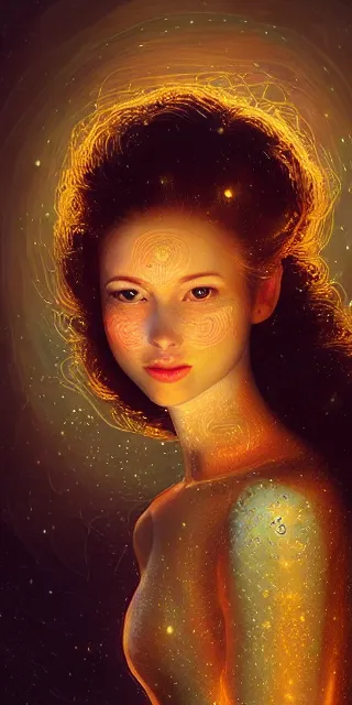 Prompt: young woman, serene smile, surrounded by golden firefly lights, full covering intricate detailed dress, amidst nature, long red hair, precise linework, accurate green eyes, small nose with freckles, beautiful smooth oval shape face, empathic, expressive emotions, dramatic lights, hyper realistic ultrafine art by artemisia gentileschi, jessica rossier, boris vallejo