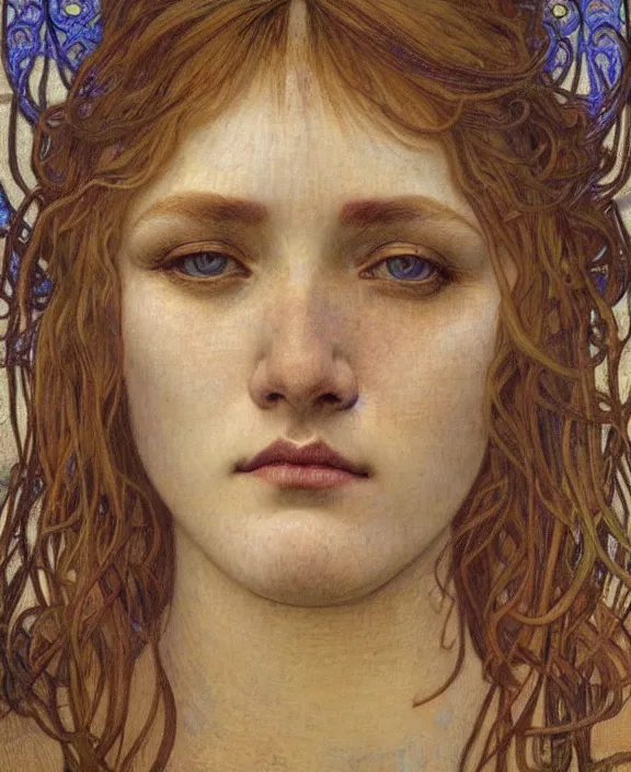 Image similar to detailed realistic beautiful young medieval queen face portrait by jean delville, alphonse mucha, vincent van gogh, and marco mazzoni, art nouveau, symbolist, visionary, gothic, pre - raphaelite