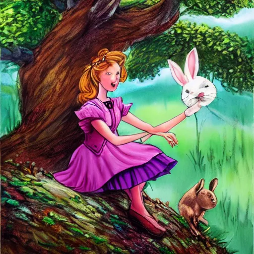 Prompt: alice from wonderland talking to a rabbit while sitting on top of a tree, realistic fantasy art in the style of enid blyton