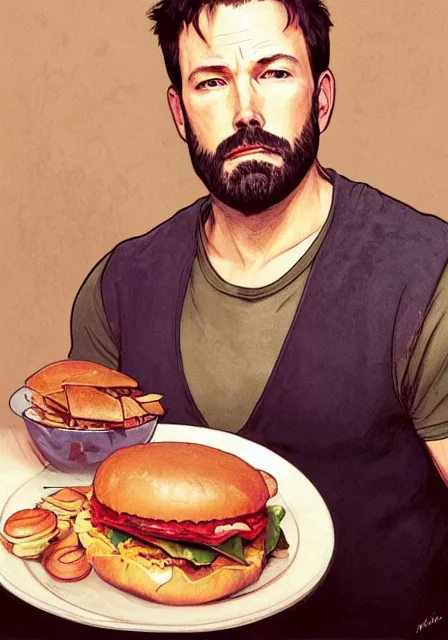 Image similar to ben affleck eating too much hamburger, intricate, elegant, highly detailed, digital painting, artstation, concept art, smooth, sharp focus, illustration, art by artgerm and greg rutkowski and alphonse mucha and william - adolphe bouguereau