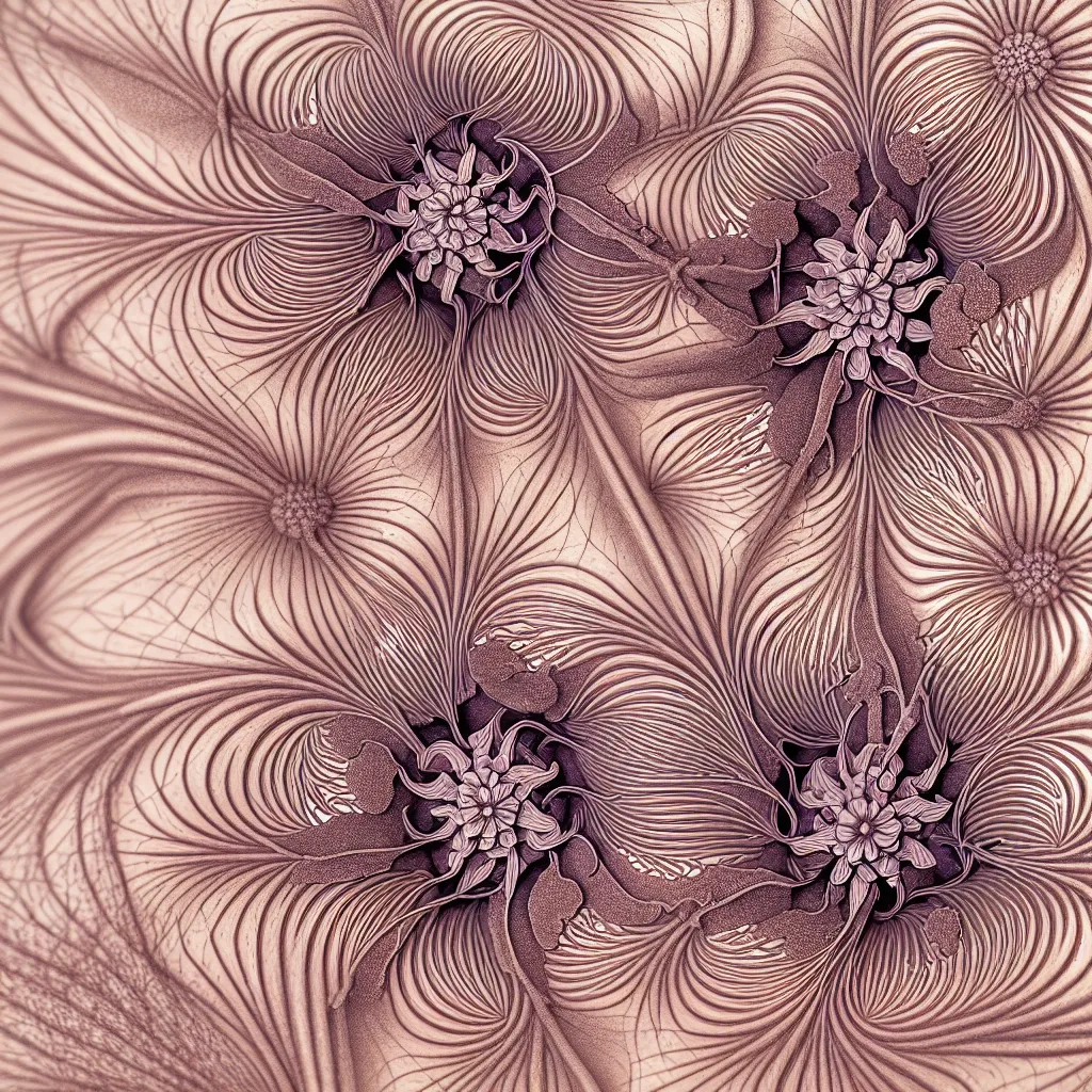 Image similar to complex flower by ernst haeckel! and mary jane ansell, closeup, fractal engravings, dept, realistic cinema 4 d render, beach sand background, clear focus, very coherent, very detailed