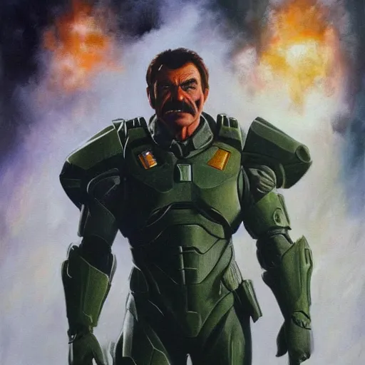 Prompt: ultra realistic portrait painting of tom selleck as master chief, art by frank frazetta, 4 k, ultra realistic, highly detailed, epic lighting