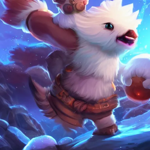 Image similar to legends of runeterra HD splash art pinterest cute small poro freljord snow soft fur happy huge tongue