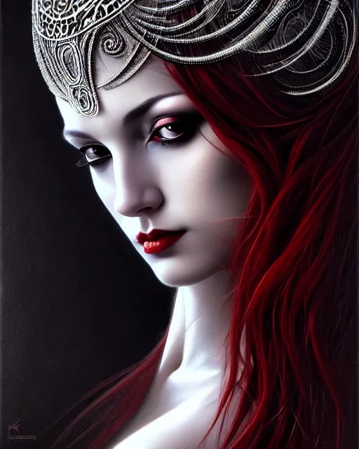 Image similar to portrait of a beautiful goddess, enigmatic beauty, dominant shades of black, silver, dark red, white, head in focus, fantasy art, ornamental aesthetics, intricate, elegant, highly detailed, hyperrealistic, artstation, concept art, soft illumination, painterly, sharp focus, by karol bak