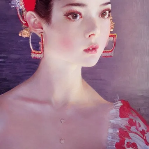 Image similar to beautiful photography, fashionable ceremonial dancer, focus close on dreaming eyes, soft skin, seventies giallo film by ilya kuvshinov monet range murata artgerm katsuhiro otomo norman rockwell, highly detailed intricately sharp focus, bedroom eyes trending on pinterest vogue italia 3 5 mm, 4 k uhd image