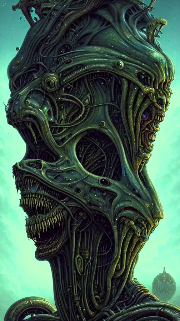 Image similar to full - face close - up portrait, your mom is a cosmic horror by bruce brenneise and peter mohrbacher and h r giger, alien ancient ruins in background, on an alien planet with craters, 3 d render, neosurrealism. digital concept art, pixel art, rendered in octane, trending on cgsociety, trending on artstation