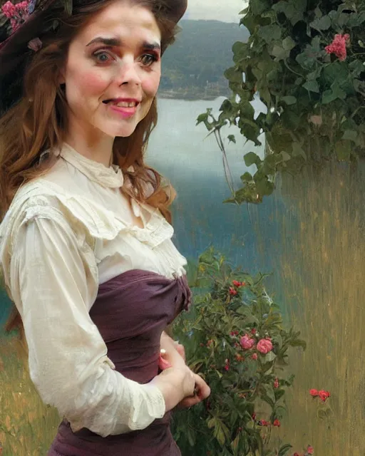 Prompt: a portrait painting of dana plato / holly earl / erin moriarty hybrid oil painting, gentle expression, smiling, elegant clothing, scenic background, extremely detailed and lifelike, artgerm, greg rutkowski, alphonse mucha, vladimir volegov, adolphe bouguereaum, greg hildebrandt