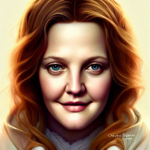 Image similar to beautiful digital portrait painting of drew barrymore as a marshmallow, symmetry! chocolate and graham cracker background, by charlie bowater, ross tran, artgerm, and makoto shinkai, detailed, inked, western comic book art