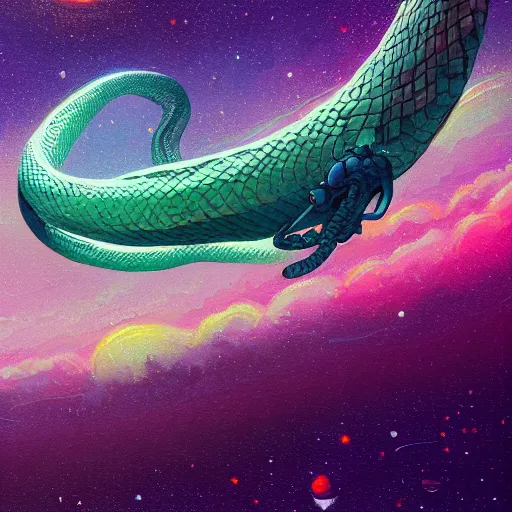 Image similar to a detailed painting of a long space snake serpent floating in space in a sea of colorful sea of stars, by alena aenami, petros afshar and greg rutkowski trending on artstation, deviantart, dragon scales, wyrm, wyvern, dragon, stars