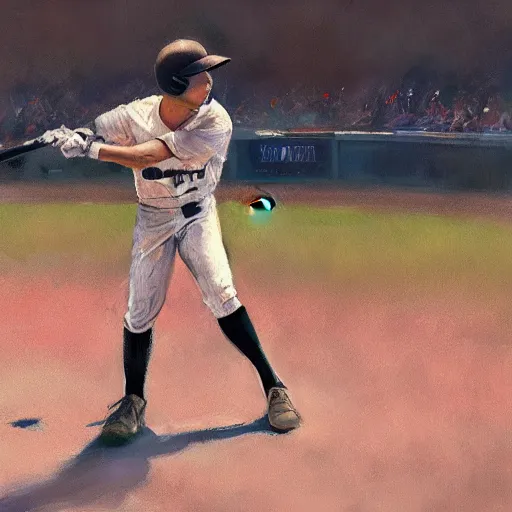 Image similar to baseball player hitting the ball with the baseball bat in the middle of the game and in front of everyone in the stadium, james gurney painting style, greg rutkowski, artstation