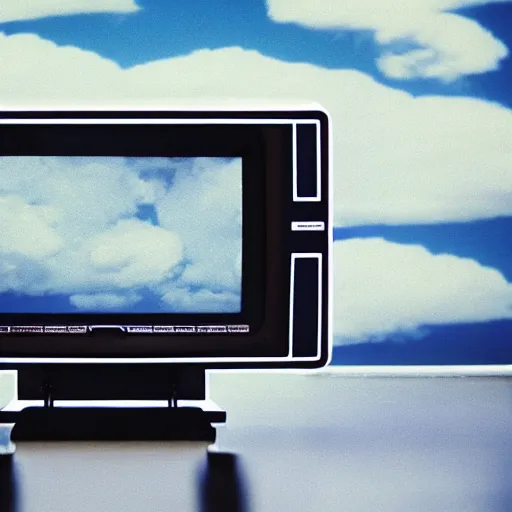 Image similar to a professional studio photograph of five 90s television VHS combo playing a video of clouds, key light, 50mm, shallow depth of field, no artefacts