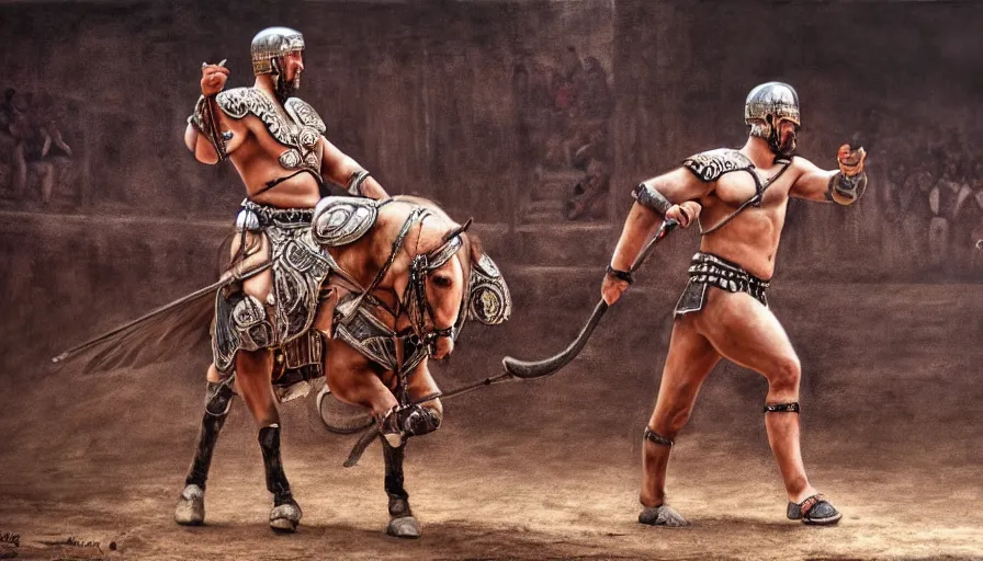 Image similar to full body portrait, gladiator in the arena, hyperrealism, detailed and intricate environment,