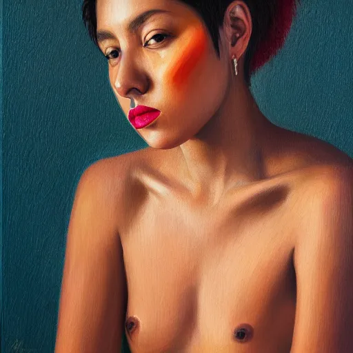 Prompt: A portrait of a thin trendy and gorgeous non-binary person, saturated skin tone, Mexican, oil painting, majestic, detailed, high resolution