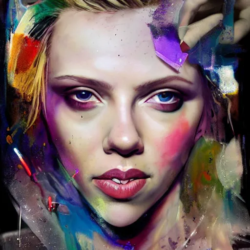 Image similar to drunken scarlett johansson as delirium from sandman, ( hallucinating colorful soap bubbles ), by jeremy mann, by sandra chevrier, by dave mckean and richard avedon and maciej kuciara, punk rock, tank girl, high detailed, 8 k