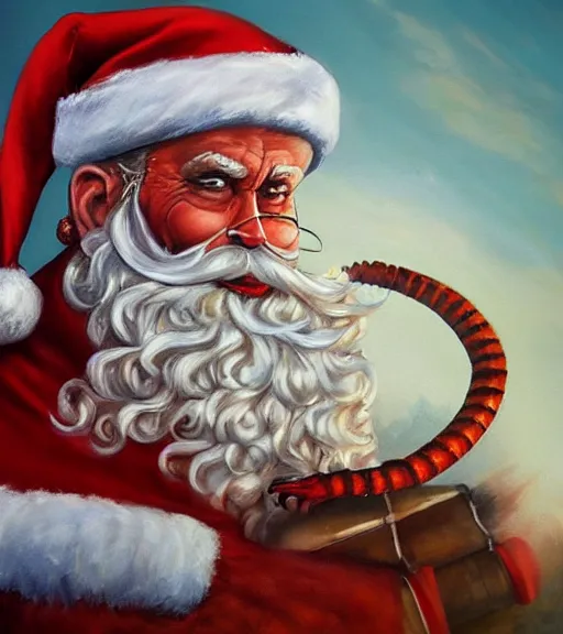 Image similar to oil painting of giant centipede dressed as Santa Claus, fantasy, Artgerm, Rutkowski, artstation, trending