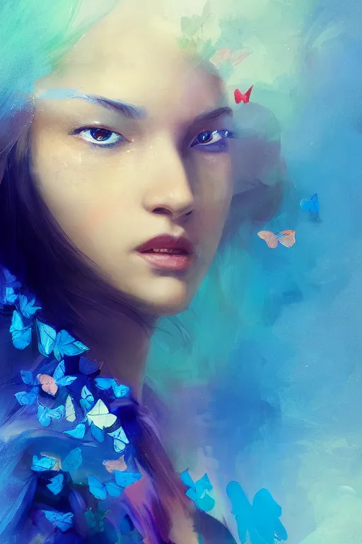 Prompt: lonely butterfly, colorful, blue backgroung,clean, joyful, close-up portrait, intricate, elegant, volumetric lighting, scenery, digital painting, highly detailed, artstation, sharp focus, illustration, concept art, ruan jia, steve mccurry