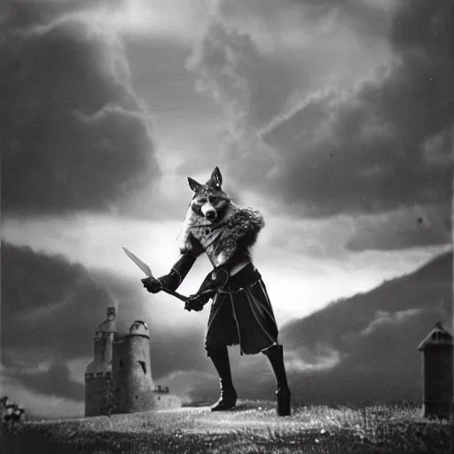 Image similar to anthropomorphic fox!! who is a medieval knight holding a sword towards a stormy thundercloud 1 9 3 0 s film still, castle in the background