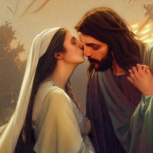 Image similar to jesus kissing a maria maddalena, elegant, highly detailed, digital painting, artstation, concept art, matte, sharp focus, illustration, art by artgerm and greg rutkowski and alphonse mucha