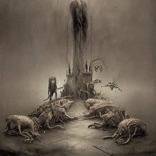 Prompt: hell of rats beksinski, eldritch, apocalypse, creepy creature, horror spooky