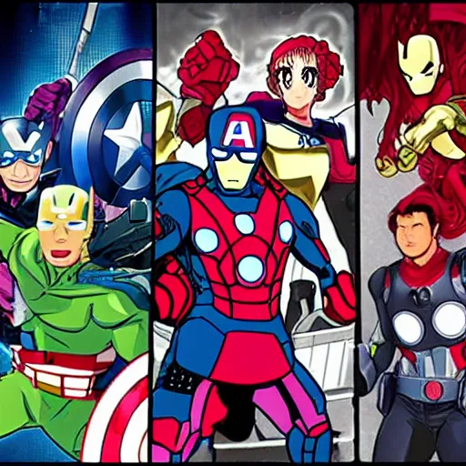 Image similar to the avengers in the style of yuyuko takemiya and gen urobuchi