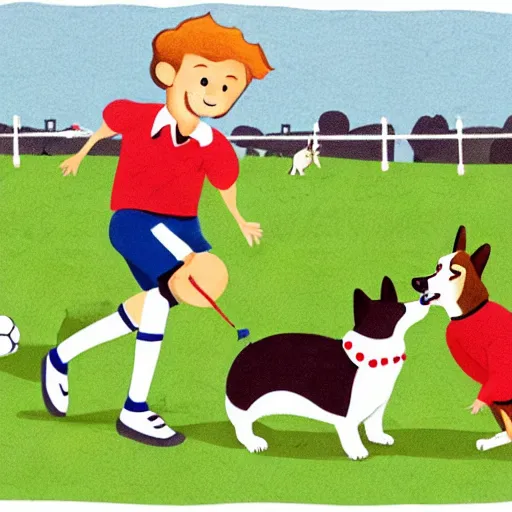 Image similar to illustration of french boy in paris playing football against a corgi, the dog is wearing a polka dot scarf