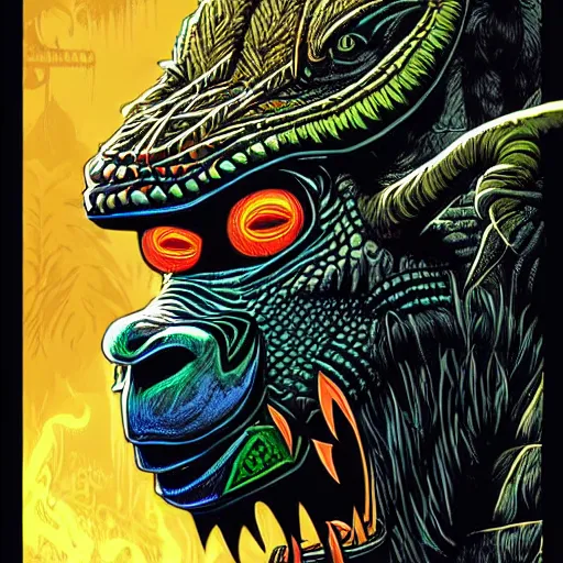 Image similar to side profile of barong family member, wiwek, mara demon, one single tribe member, jungle, one single mask, dark, ancient warrior, gorilla, lizard, tribal, inner glow, art by dan mumford and justin gerard