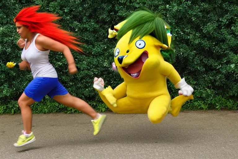 Image similar to Blanka and Pikachu running together, both on all fours