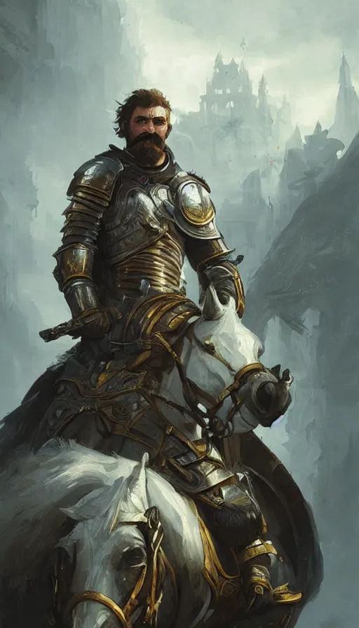 Prompt: Portrait of a knight with a large moustache, male, detailed face, fantasy, highly detailed, cinematic lighting, digital art painting by greg rutkowski