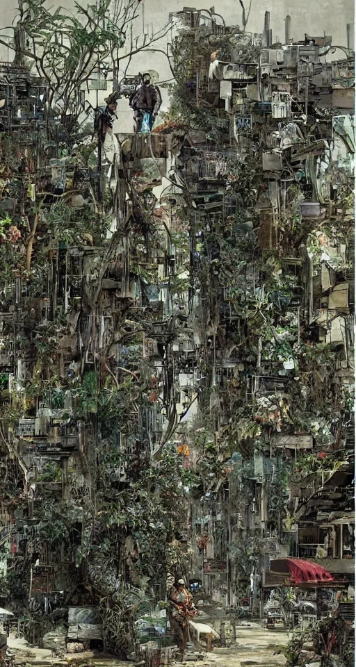 Image similar to on the street of abandoned town 2 people standing huddled together with spiny giant plants bursting through them, surreal, very coherent, intricate design, painting by Yoji Shinkawa, part by Norman Rockwell