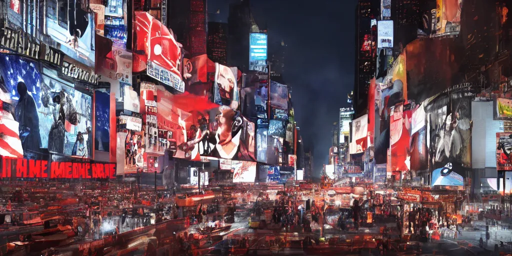 Prompt: the assassination of abraham lincoln in time square in propaganda billboards american flags burning cyberpunk digital art city neon 4 k british colonial soldiers hanging by the gallows