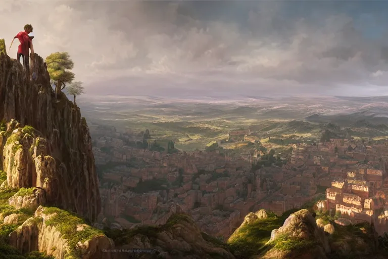 Image similar to an ultra detailed matte landscape painting of an extremely tall and strong young man with short brown hair standing on a cliff overlooking a medieval european capital built on top of many hills, italian renaissance architecture, ultrawide lense, aerial photography, 8 k, volumetric lighting, smooth, highly detailed, digital illustration, art by greg rutkowski and akira toriyama and artgerm