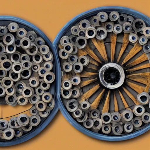 Image similar to a pair of interlocking wheels covered in eyes