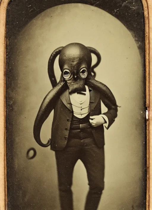 Prompt: Daguerreotype of an octopus!!!! wearing a suit!!!!, classical portrait, 1849
